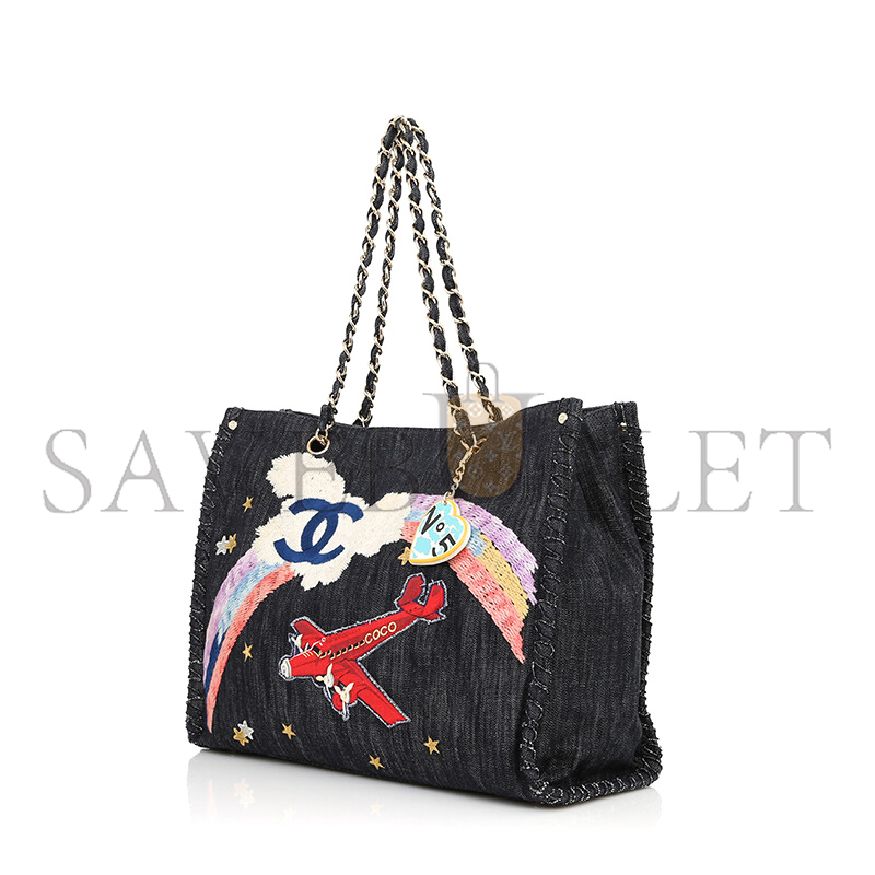 CHANEL DARK BLUE EMBROIDERED DENIM NIGHT FLIGHT TOTE BAG (40*30cm)